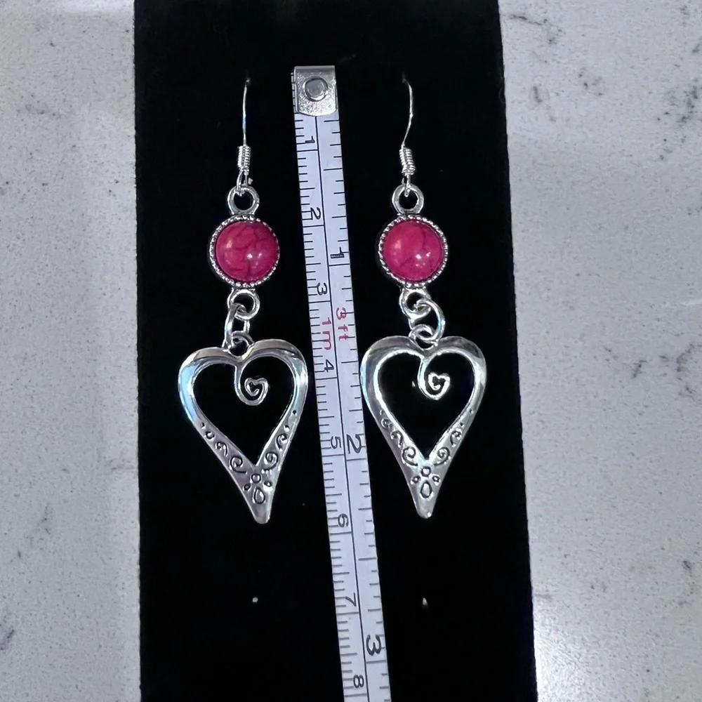 NWOT - Silver Heart Dangle Earrings with Red Accents